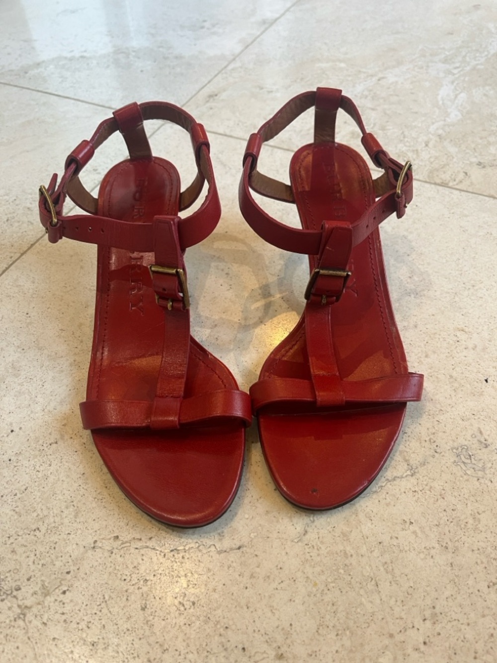 Burberry Red Leather Strappy Kitten Heel Sandals Sz 38